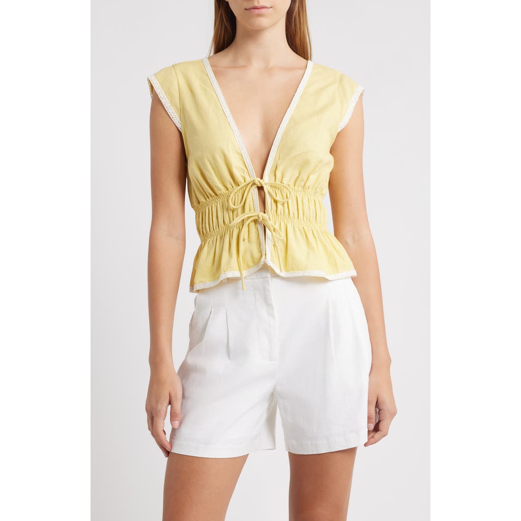Wayf Clara Tie Front Linen Blend Top In Yellow