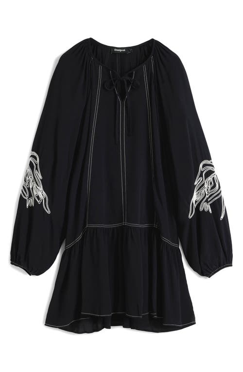Desigual Embroidered Long Sleeve Shift Minidress In Black