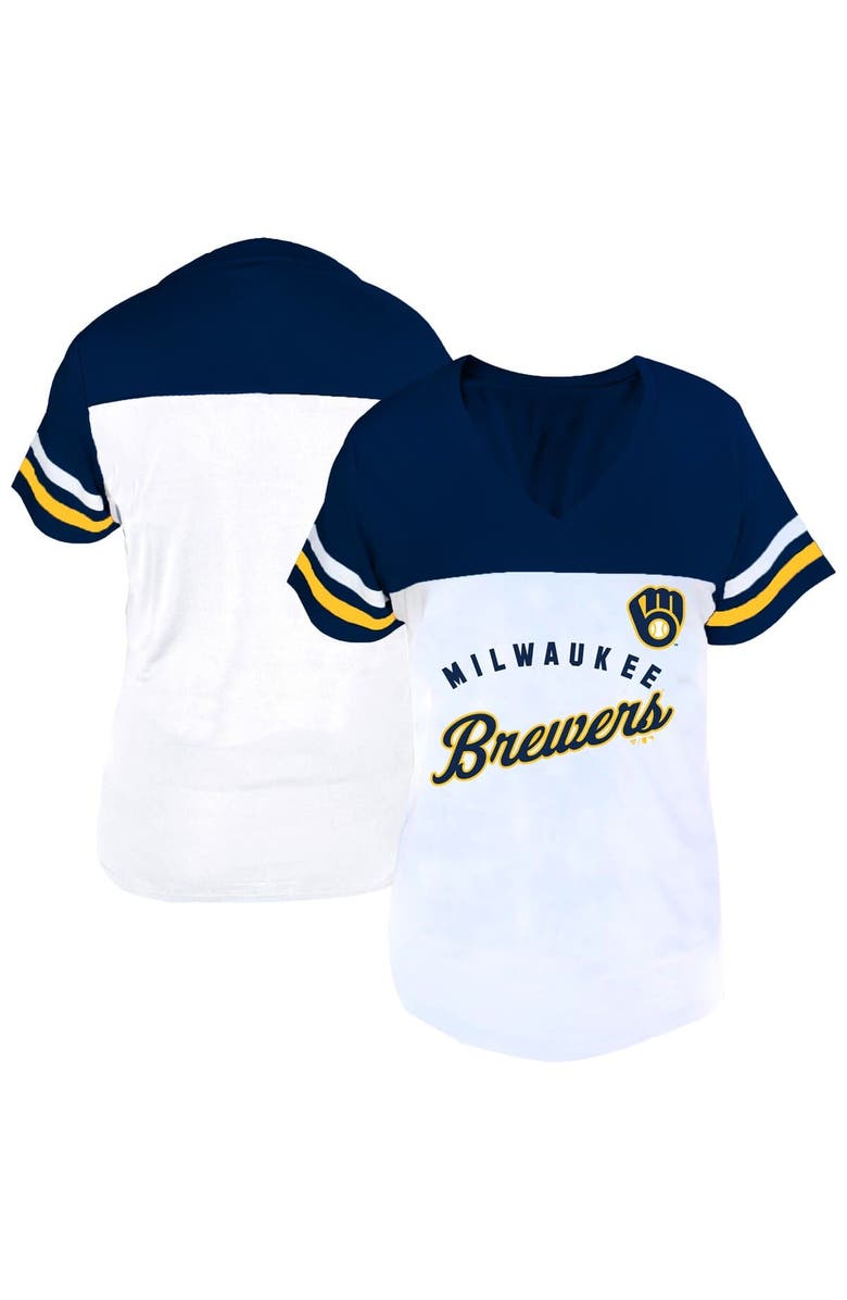 FANATICS Women's Profile White/Navy Milwaukee Brewers Plus Size Two-Stripe V-Neck T-Shirt, Main, color, White