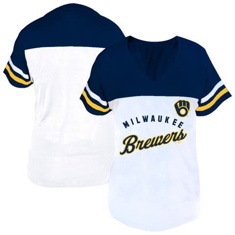 Women's Profile White/Navy Milwaukee Brewers Plus Size Two-Stripe V-Neck T-Shirt