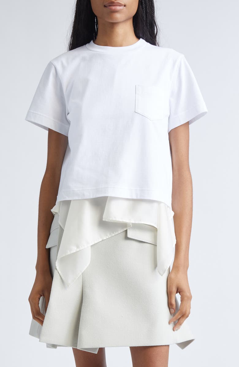 Sacai Mixed Media Satin & Cotton Jersey Pocket T-Shirt, Main, color, Off White/ Ecru