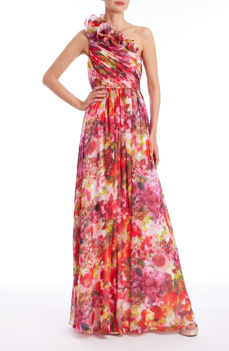 Badgley Mischka Collection Floral One-Shoulder Gown, Main, color, Pink Multi