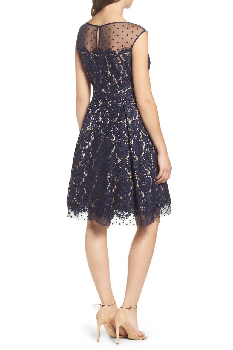 Illusion Yoke Lace Fit & Flare Dress, Alternate, color, NAVY