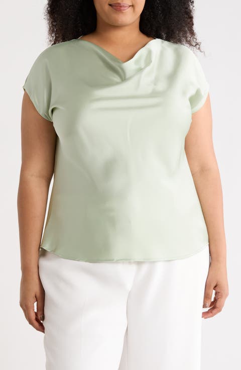 Cowl Neck Short Sleeve Satin Top (Plus)