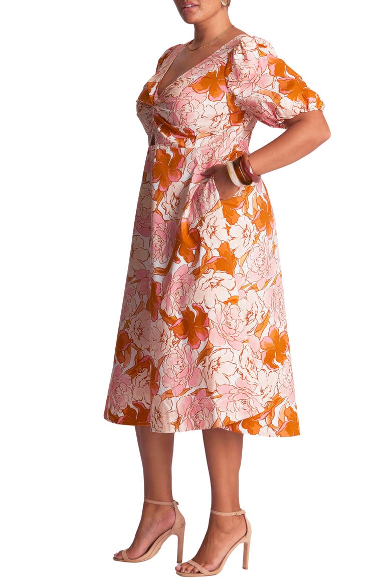 Amira Floral Print Puff Sleeve Midi Dress, Alternate, color, SUNSET