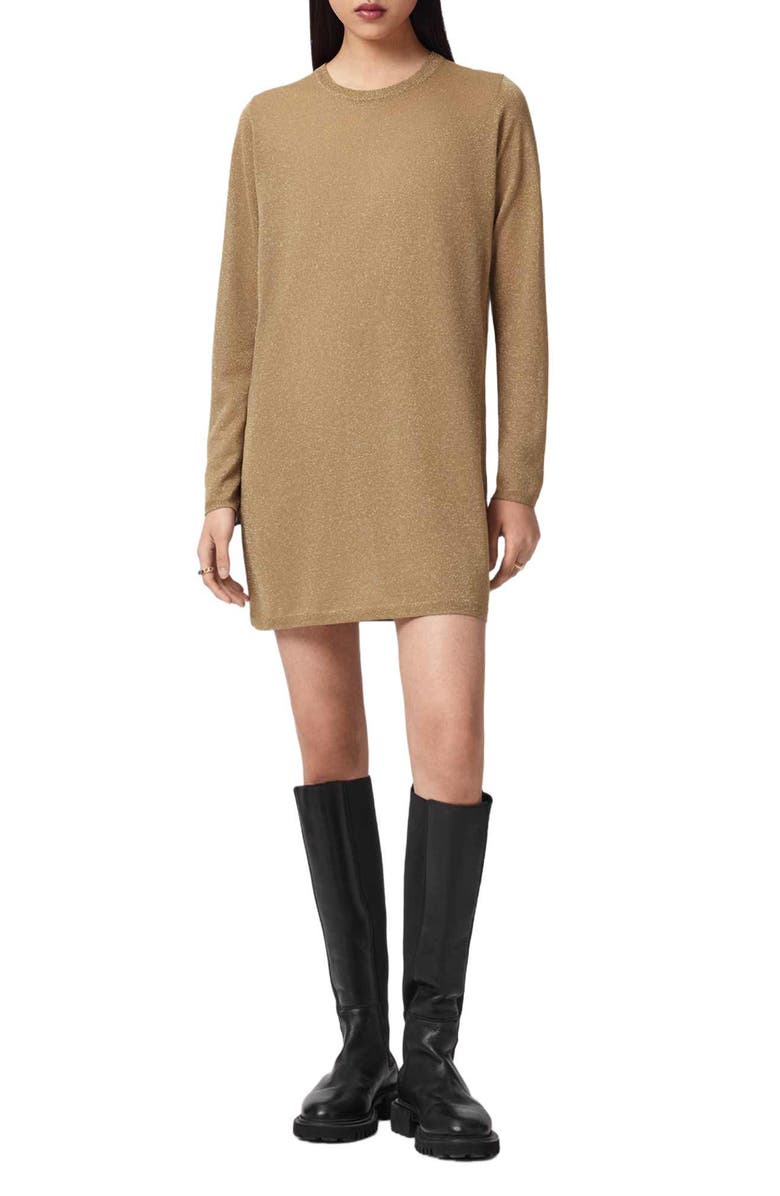 AllSaints Tilli Metallic Long Sleeve T-Shirt Dress, Main, color, 