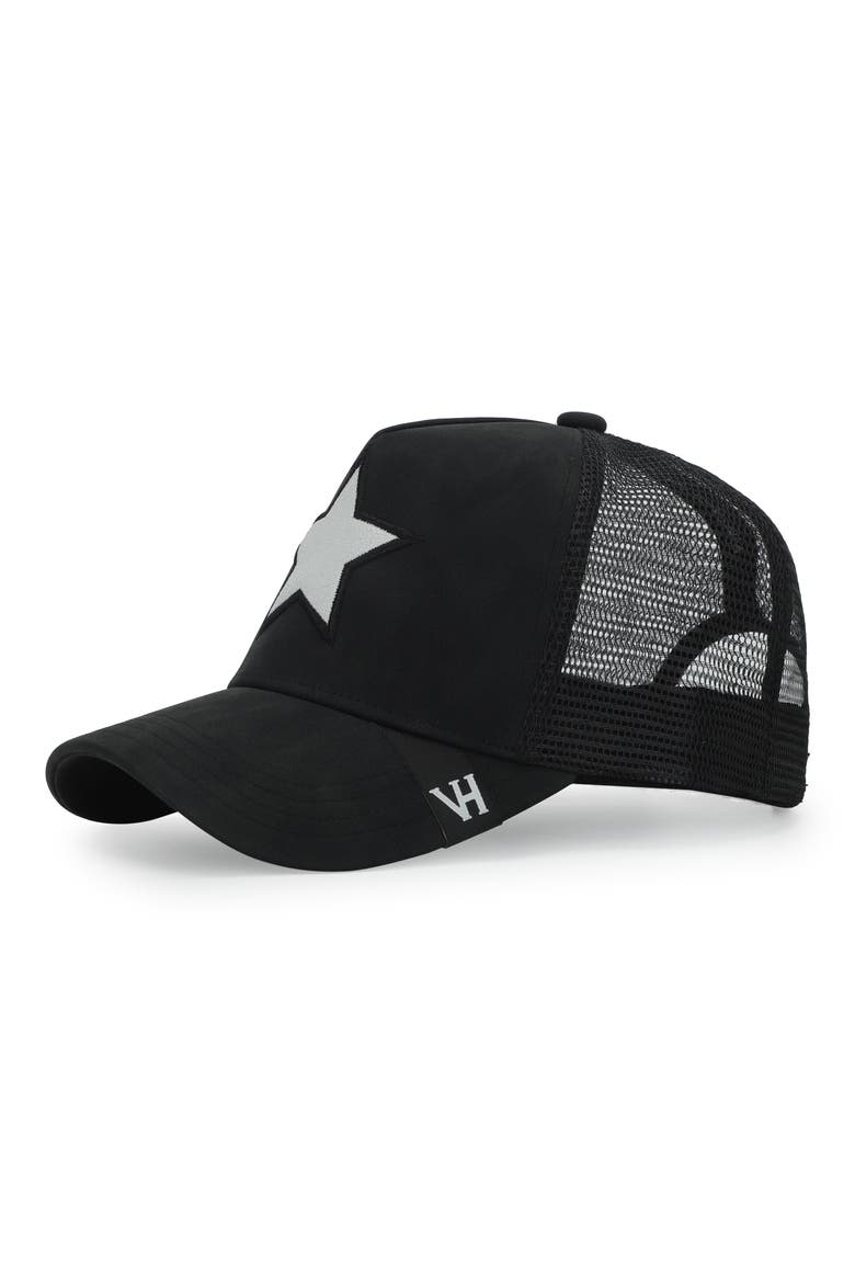 Embroidered Star Patch Mesh Panel Trucker Hat, Alternate, color, BLACK/ WHITE