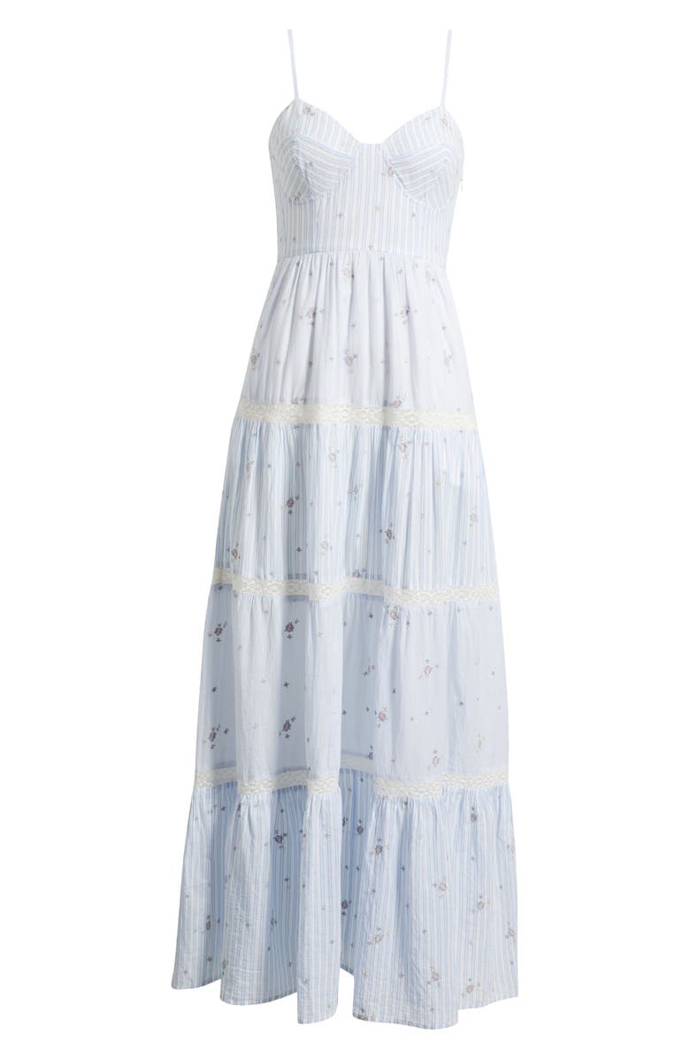 LoveShackFancy Story Floral Mixed Stripe Cotton Maxi Dress, Main, color, Sky Mist