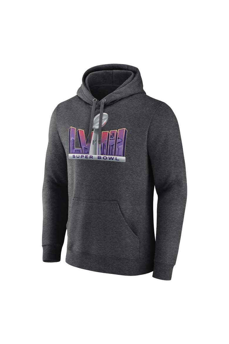 Men's Fanatics Branded Heather Charcoal Super Bowl LVIII Trophy Dimension Fleece Pullover Hoodie, Alternate, color, Heather Charcoal