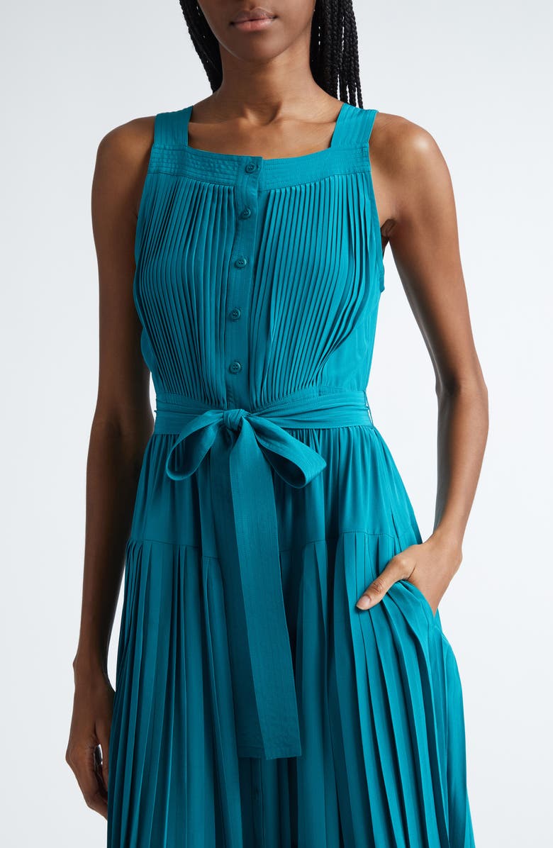 Ulla Johnson Annabeth Pleated Button Front Silk Maxi Dress, Alternate, color, Jade