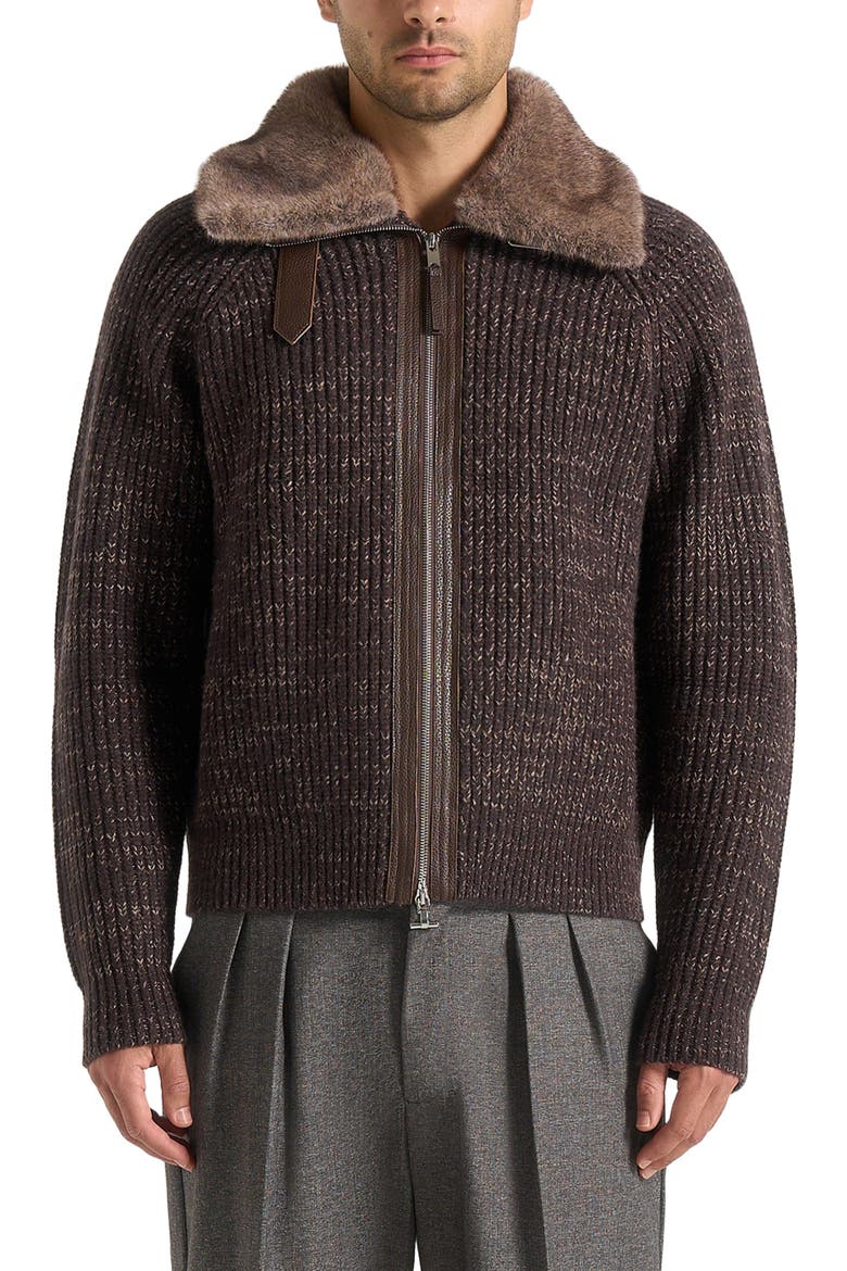 Ariel Unisex Plush Collar Speckled Knit Jacket, Alternate, color, Brown