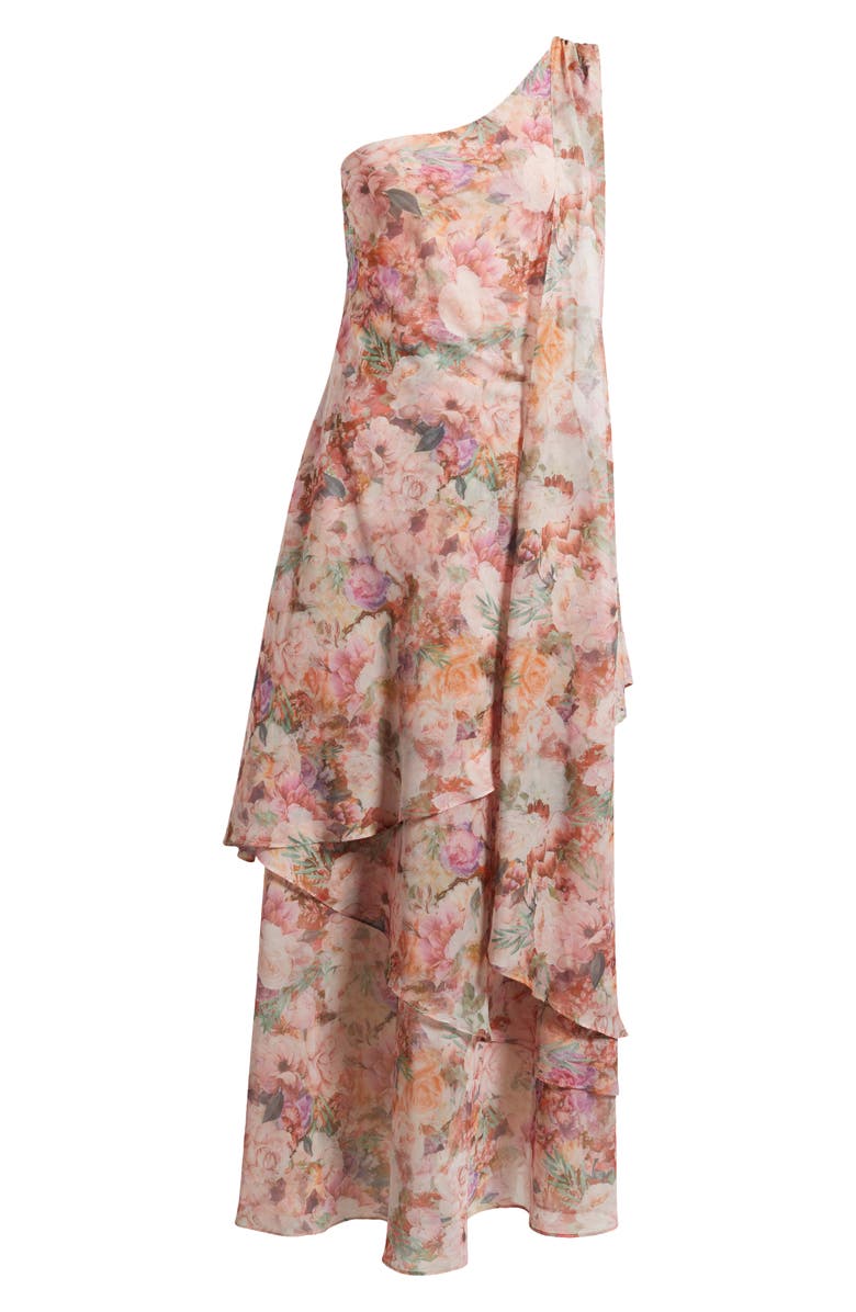 Lulus Amara Floral Print One-Shoulder Chiffon Gown, Alternate, color, Pink Floral