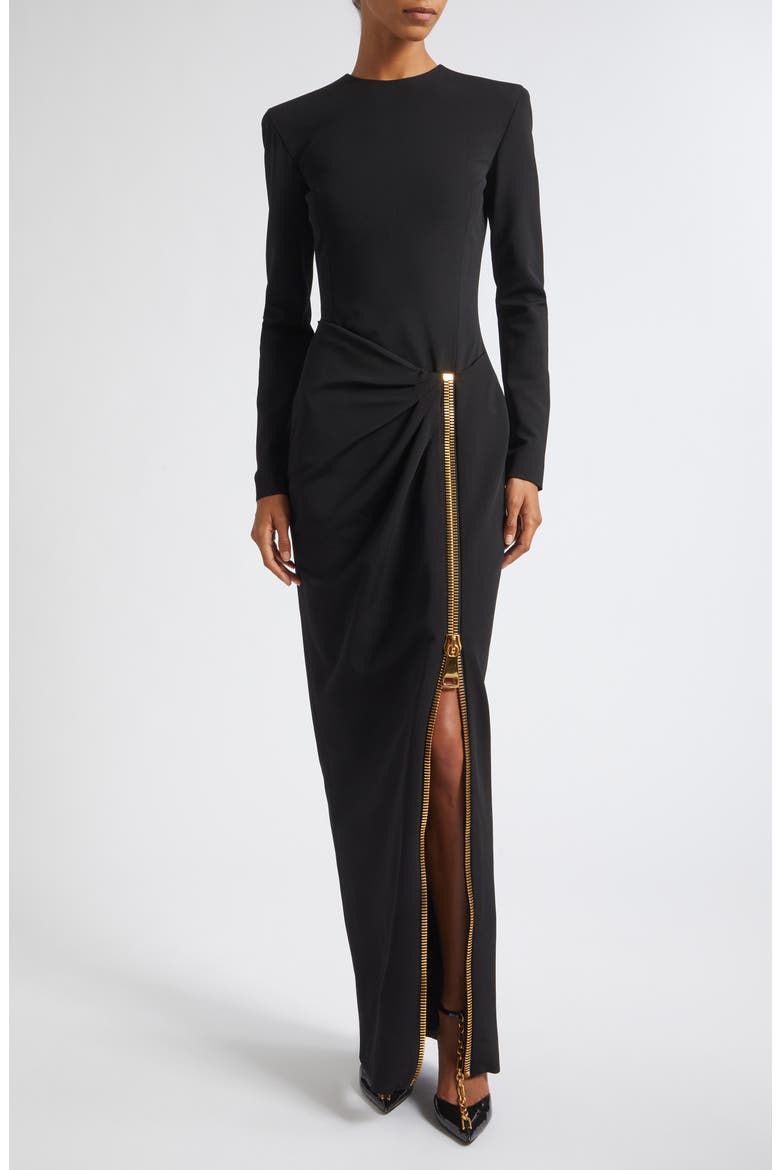 Long Sleeve Draped Zip Compact Jersey Maxi Dress, Main, color, 0PA BLACK