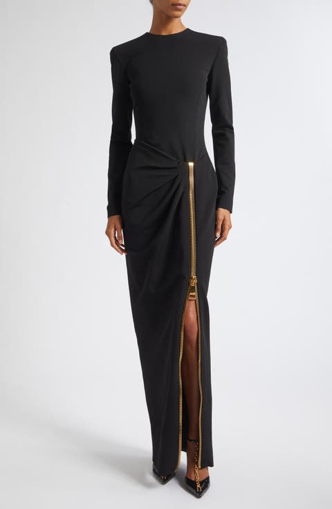 Long Sleeve Draped Zip Compact Jersey Maxi Dress