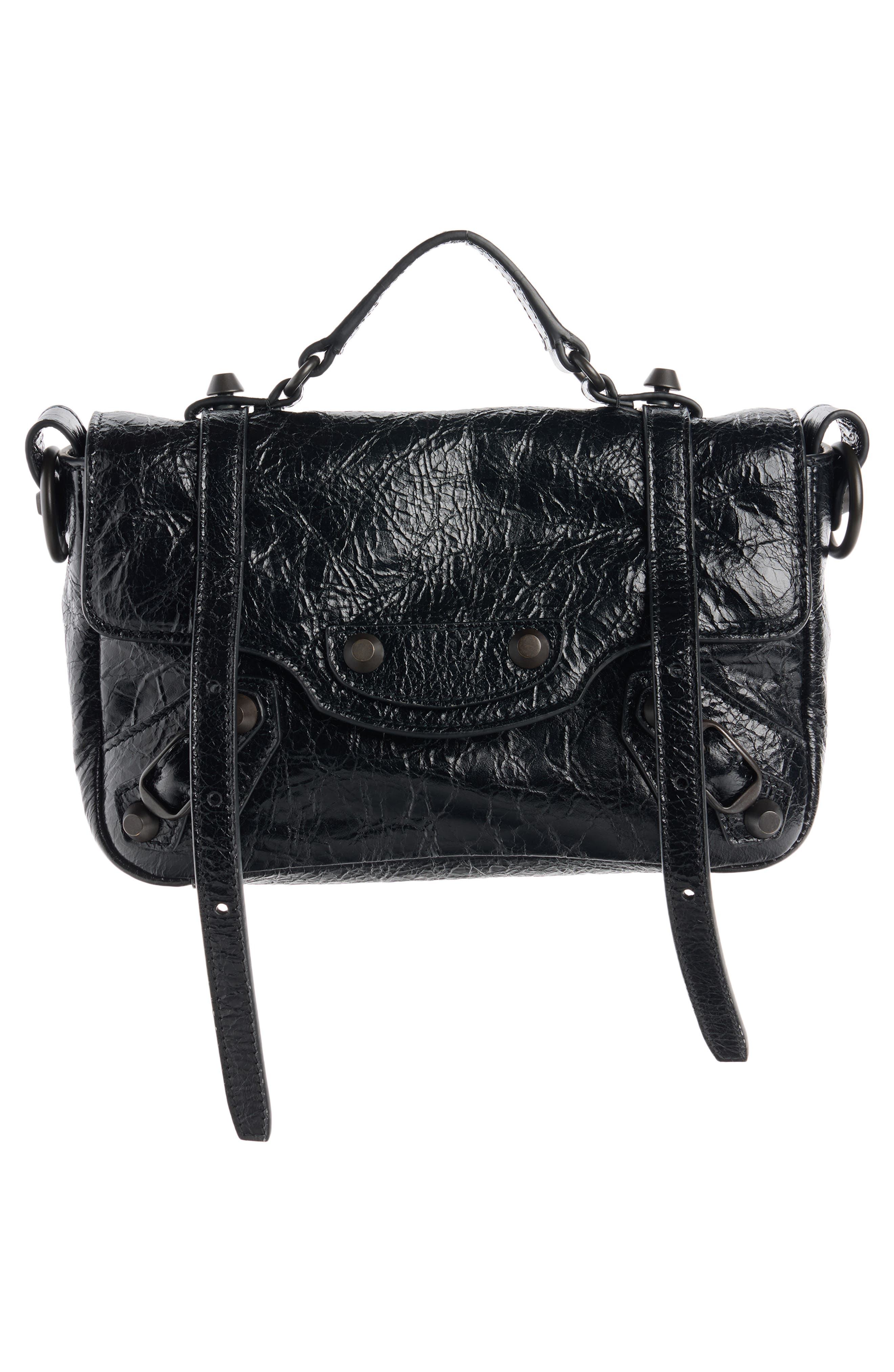 Balenciaga Nano Le City Flap Crinkle Leather Crossbody Bag, Alternate, color, Black