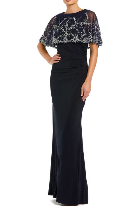 Fitted Jersey Embellished Cape Gown
