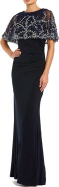 Mac Duggal Fitted Jersey Embellished Cape Gown