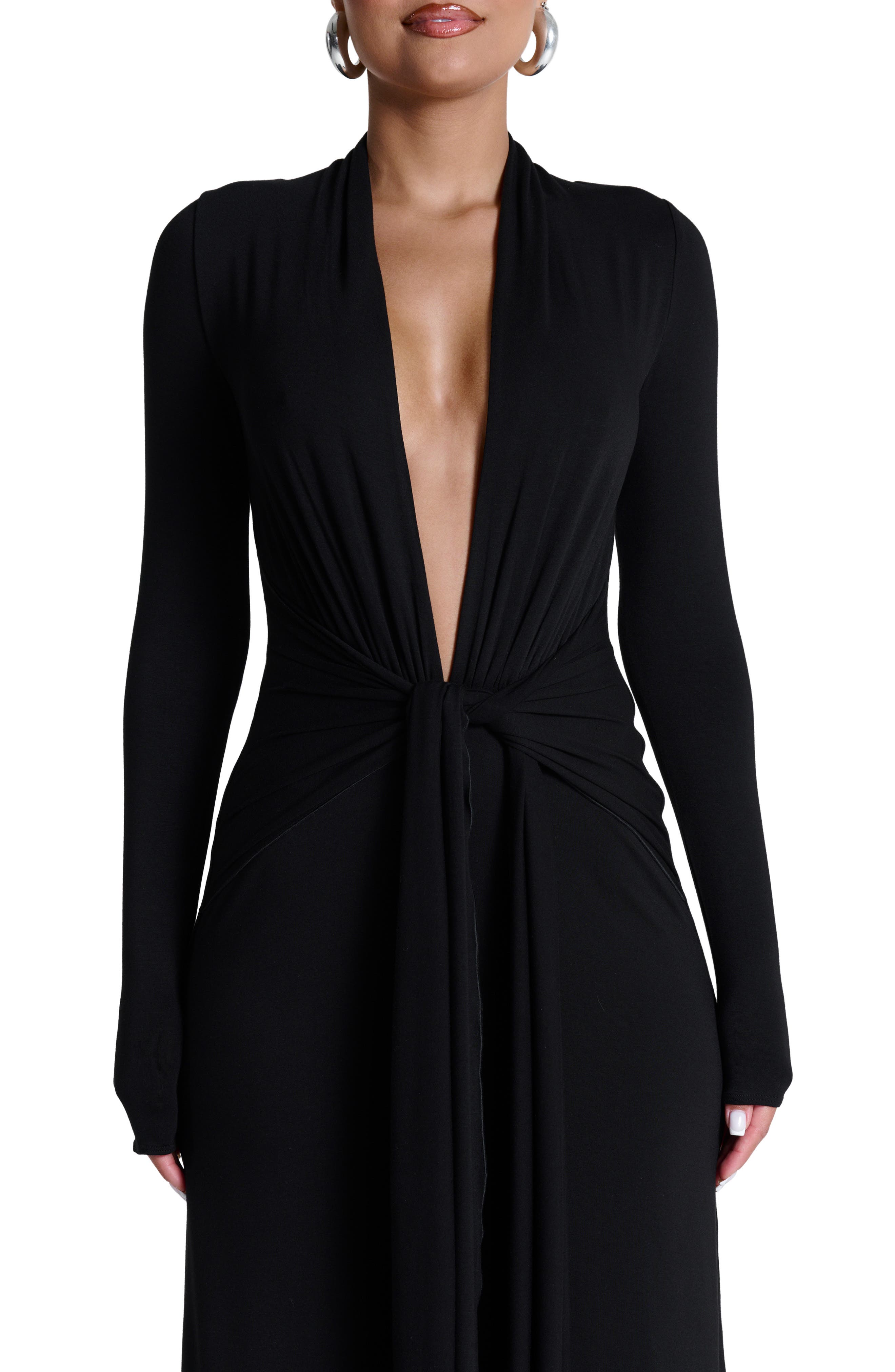 long sleeve plunge neck maxi dress Long Sleeve Cinched Waist V-Neck Maxi Dress