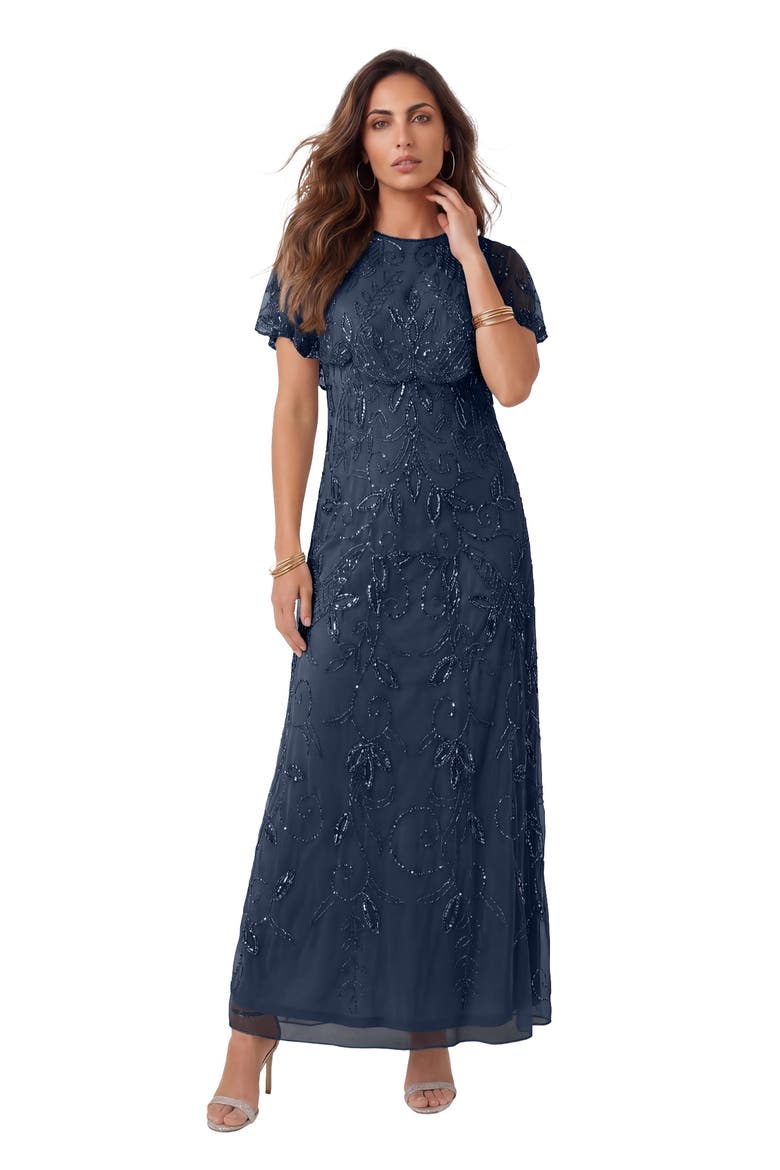 Plus Size Beaded Capelet Maxi Gown Glam Evening Dress, Alternate, color, NAVY