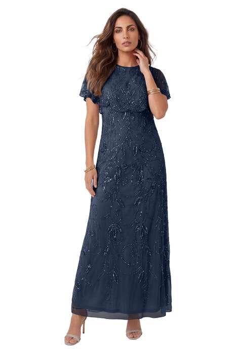 Plus Size Beaded Capelet Maxi Gown Glam Evening Dress