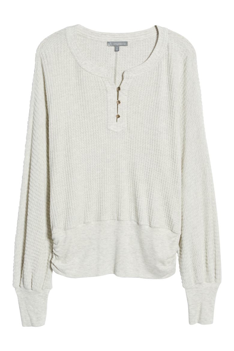 Blouson Sleeve Waffle Knit Henley Top (Nordstrom Exclusive), Alternate, color, HEATHER CREAM