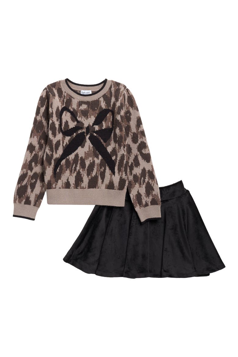 Kids' Leopard Bow Sweater & Skirt Set, Main, color, LEOPARD/ BLACK