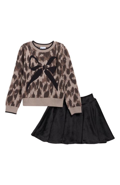 Kids' Leopard Bow Sweater & Skirt Set