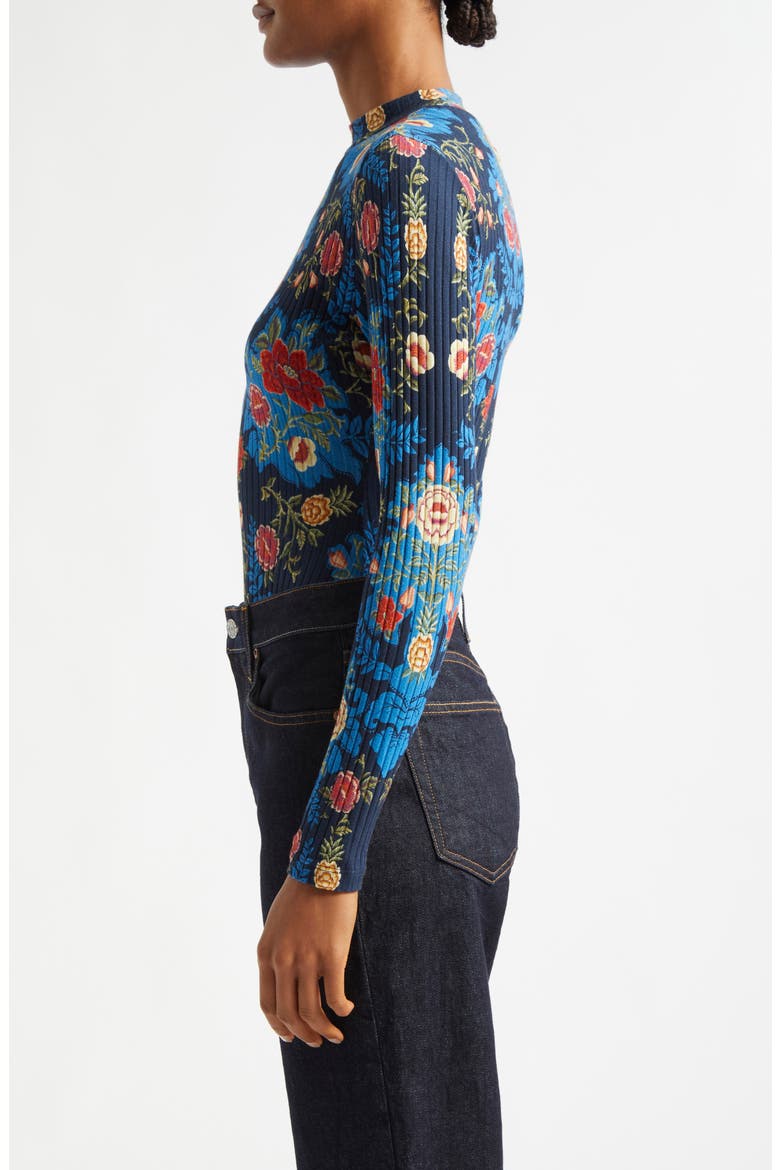 Arabesque Floral Mock Neck Cotton Rib Bodysuit, Alternate, color, ARABESQUE FLORAL BLUE