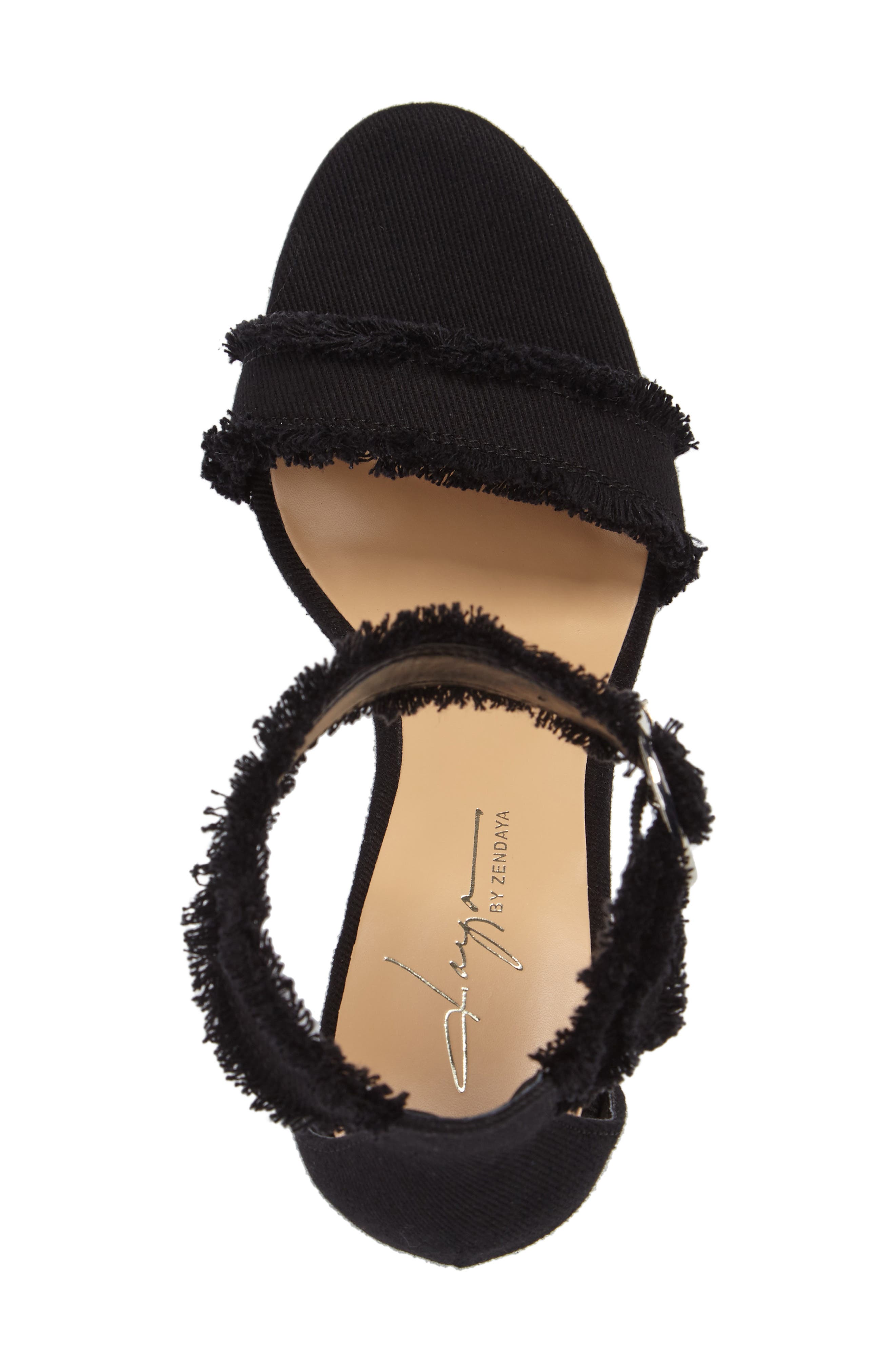 Daya by Zendaya Shasta Fringe Denim Ankle Strap Sandal, Alternate, color, 