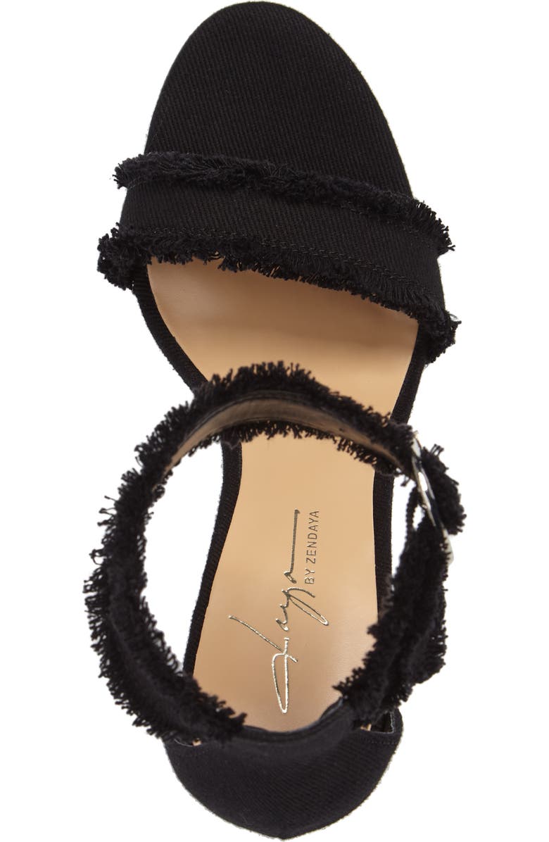 Daya by Zendaya Shasta Fringe Denim Ankle Strap Sandal, Alternate, color,