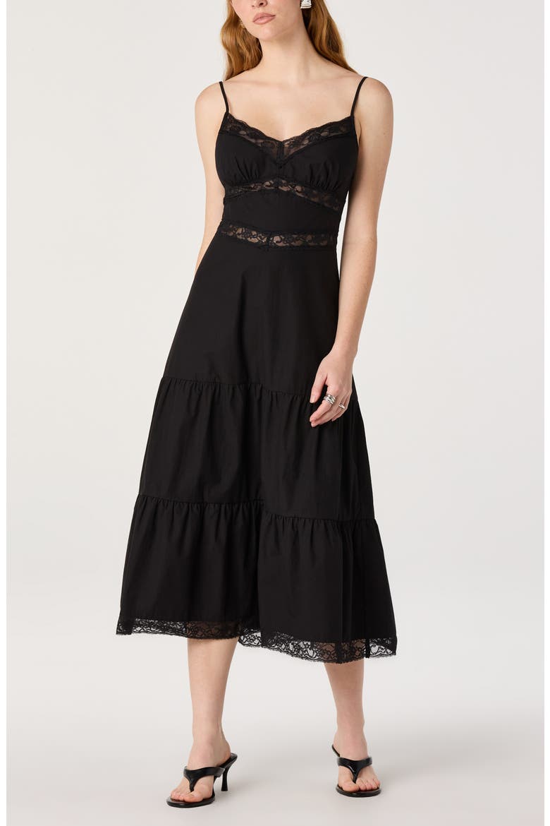 Berenice Lace Detail Tiered Cotton Dress, Alternate, color, BLACK
