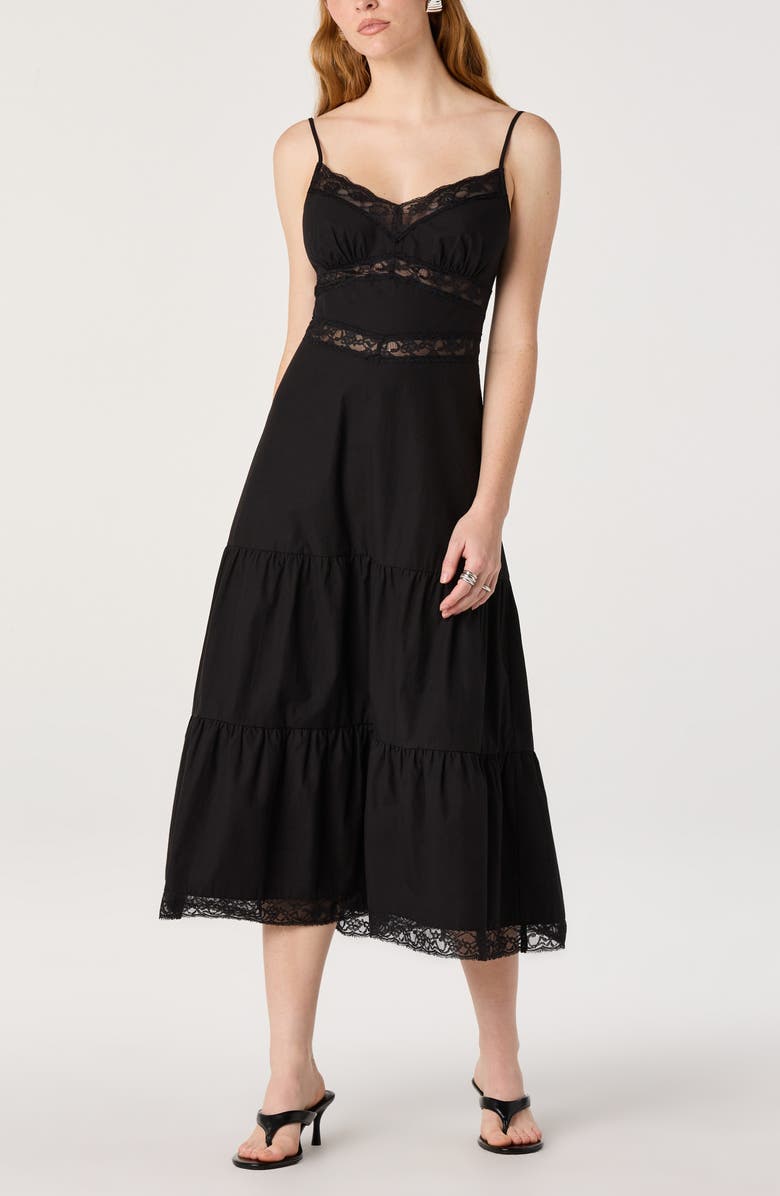 ASTR the Label Berenice Lace Detail Tiered Cotton Dress, Alternate, color, Black