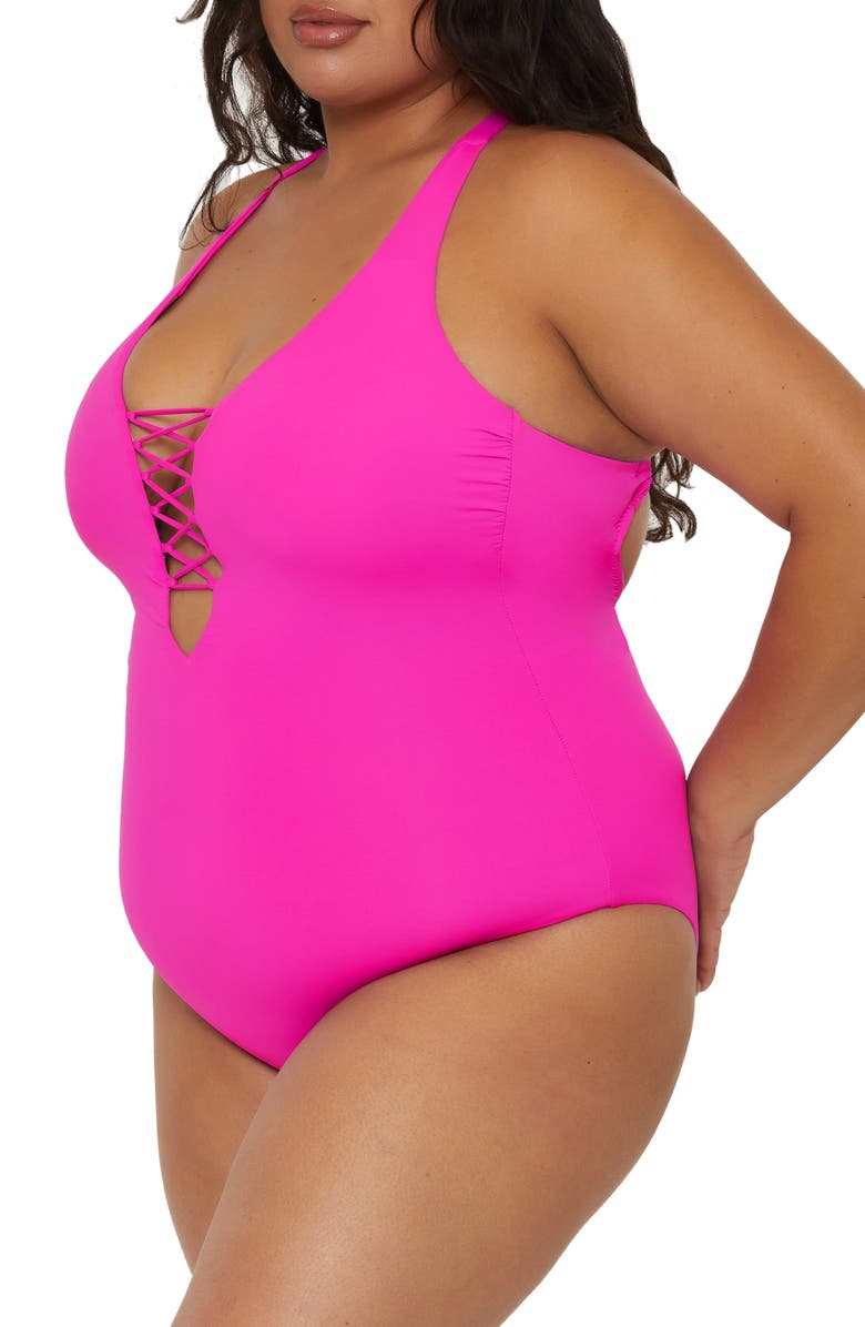 Becca Lace-Up One-Piece Swimsuit, Alternate, color, Vivid Pink