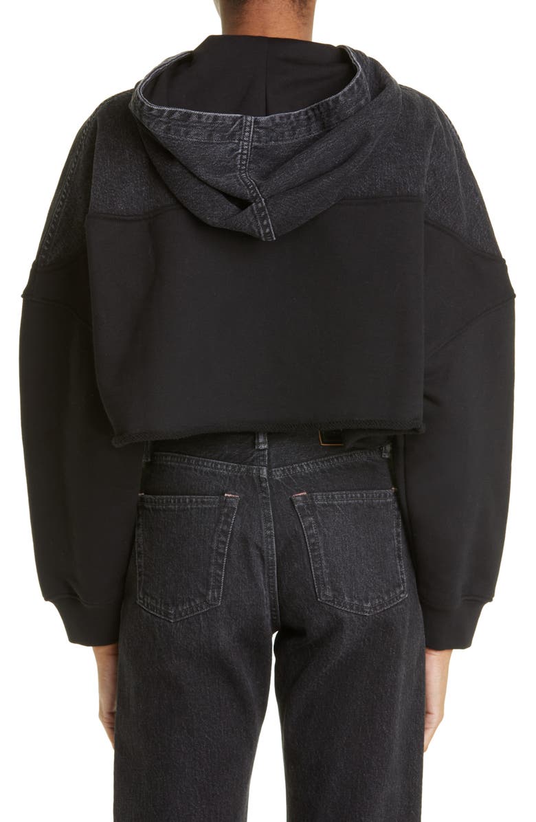 AMIRI Hybrid Denim & Terry Graphic Zip Crop Hoodie, Alternate, color, 