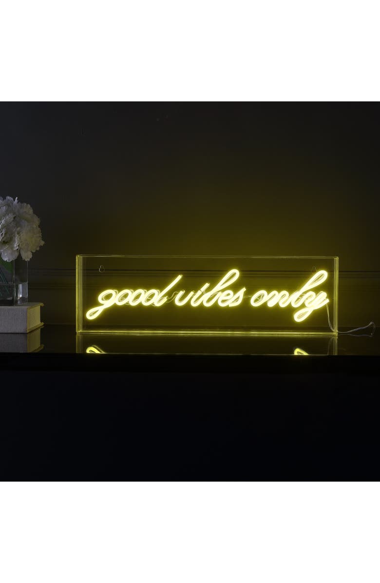 JONATHAN Y Good Vibes Only 20" X 6" Contemporary Glam Acrylic Box USB Operated LED Neon Light, Yellow, Alternate, color, Yellow