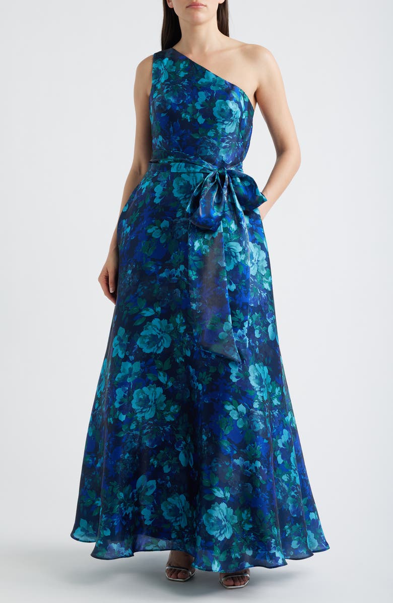 Eliza J Print Tie Waist One-Shoulder Gown, Main, color,