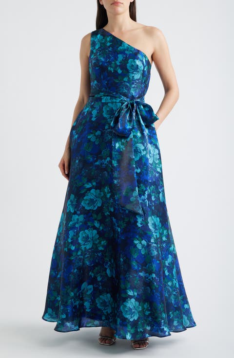 Print Tie Waist One-Shoulder Gown