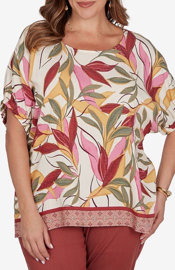 Ruby Rd. Ruby Rd Tropical Print Short Sleeve Top In Stone Multi