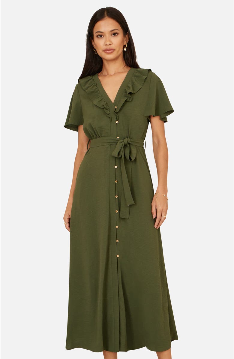 Yumi Ruffle Collar Midi Shirt Dress, Main, color, Green