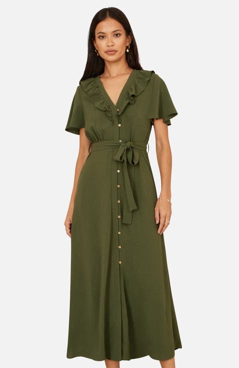 Ruffle Collar Midi Shirt Dress