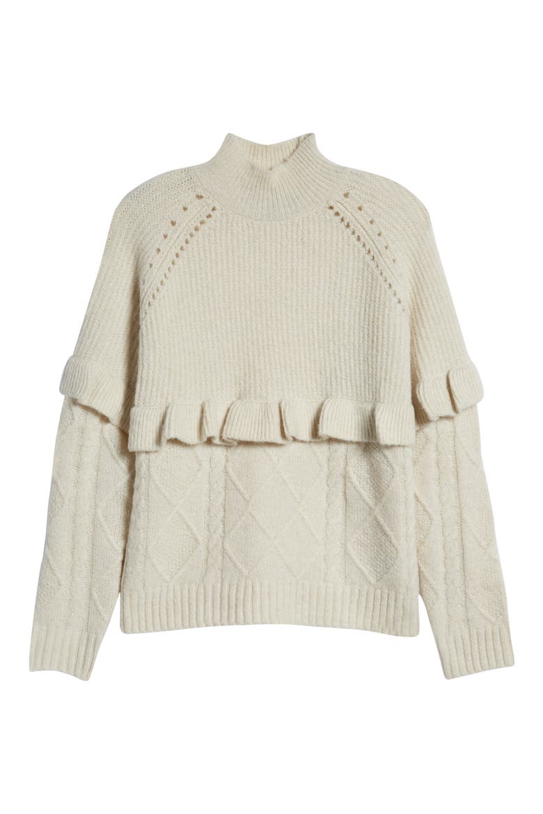 Mock Neck Pointelle Knit & Ruffle Trim Sweater, Alternate, color, BIRCH