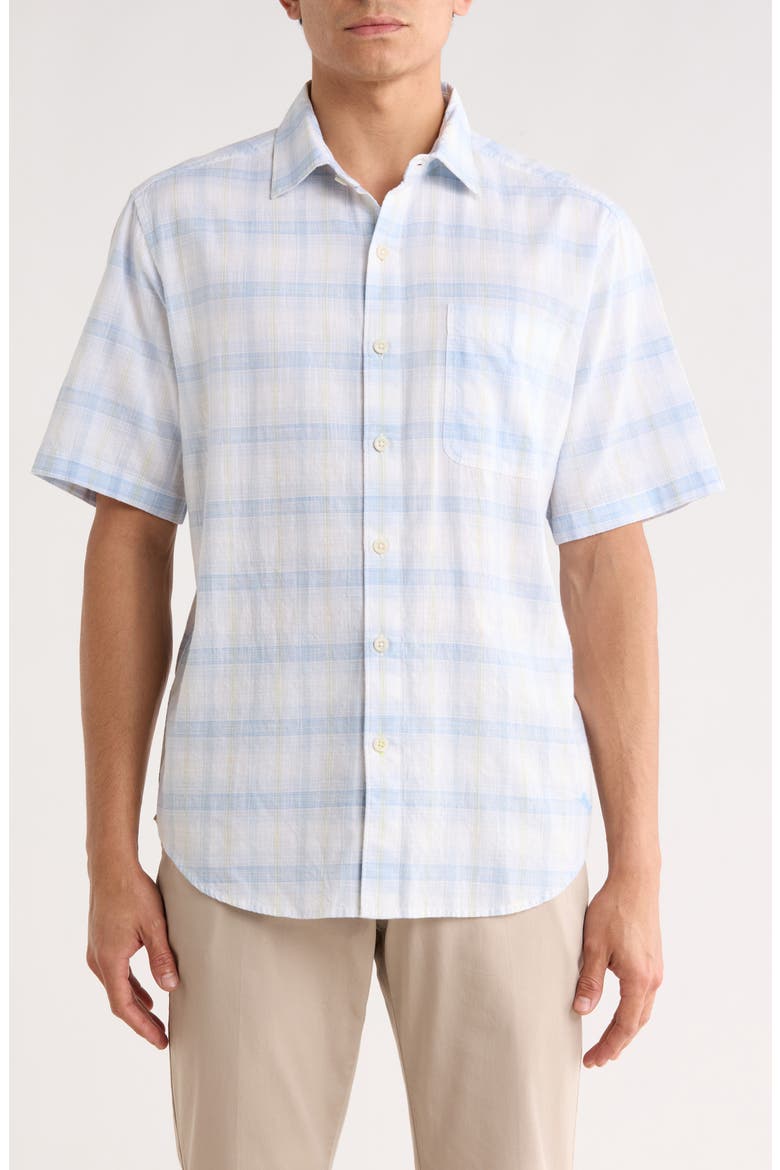 Cool Caribbean Plaid Short Sleeve Button-Up Shirt, Main, color, CLEAR SKY BLUE