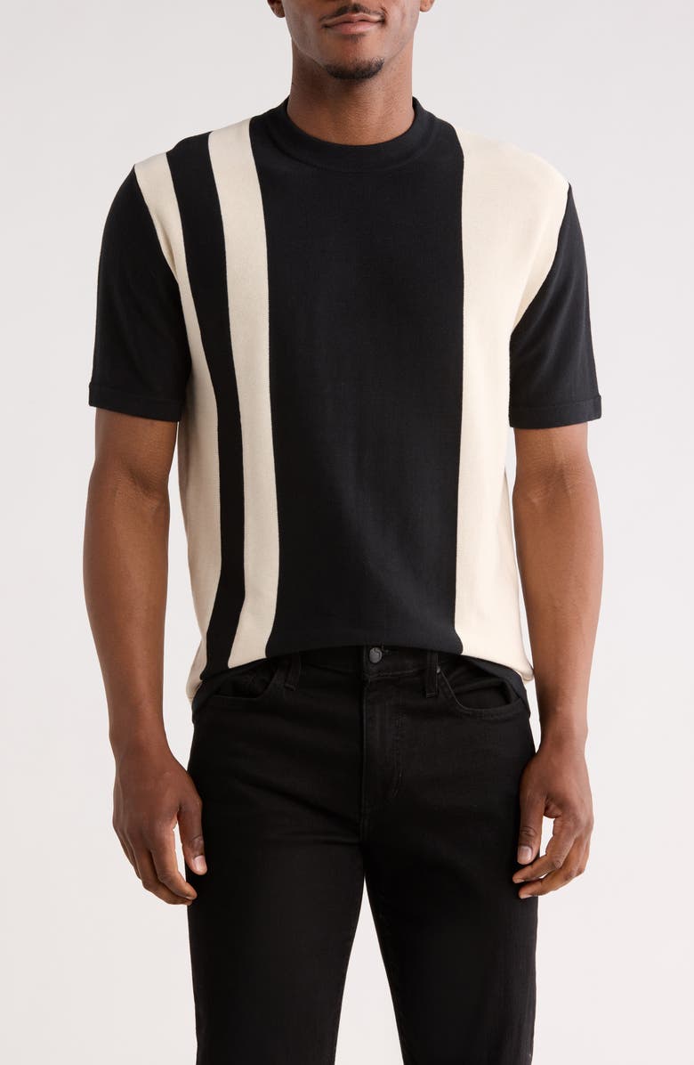 DENIM AND FLOWER Vertical Stripe Knit T-Shirt, Main, color, Black W/ Off White Stripes