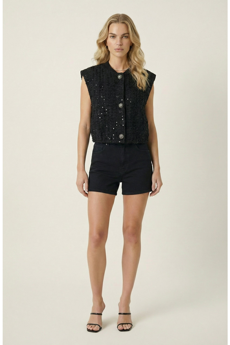 Sleeveless Statement Buttons Textured Top, Alternate, color, Black