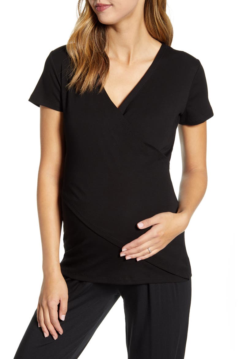 Maternity/Nursing Pajamas & Robe Set, Alternate, color, BLACK/ PINK