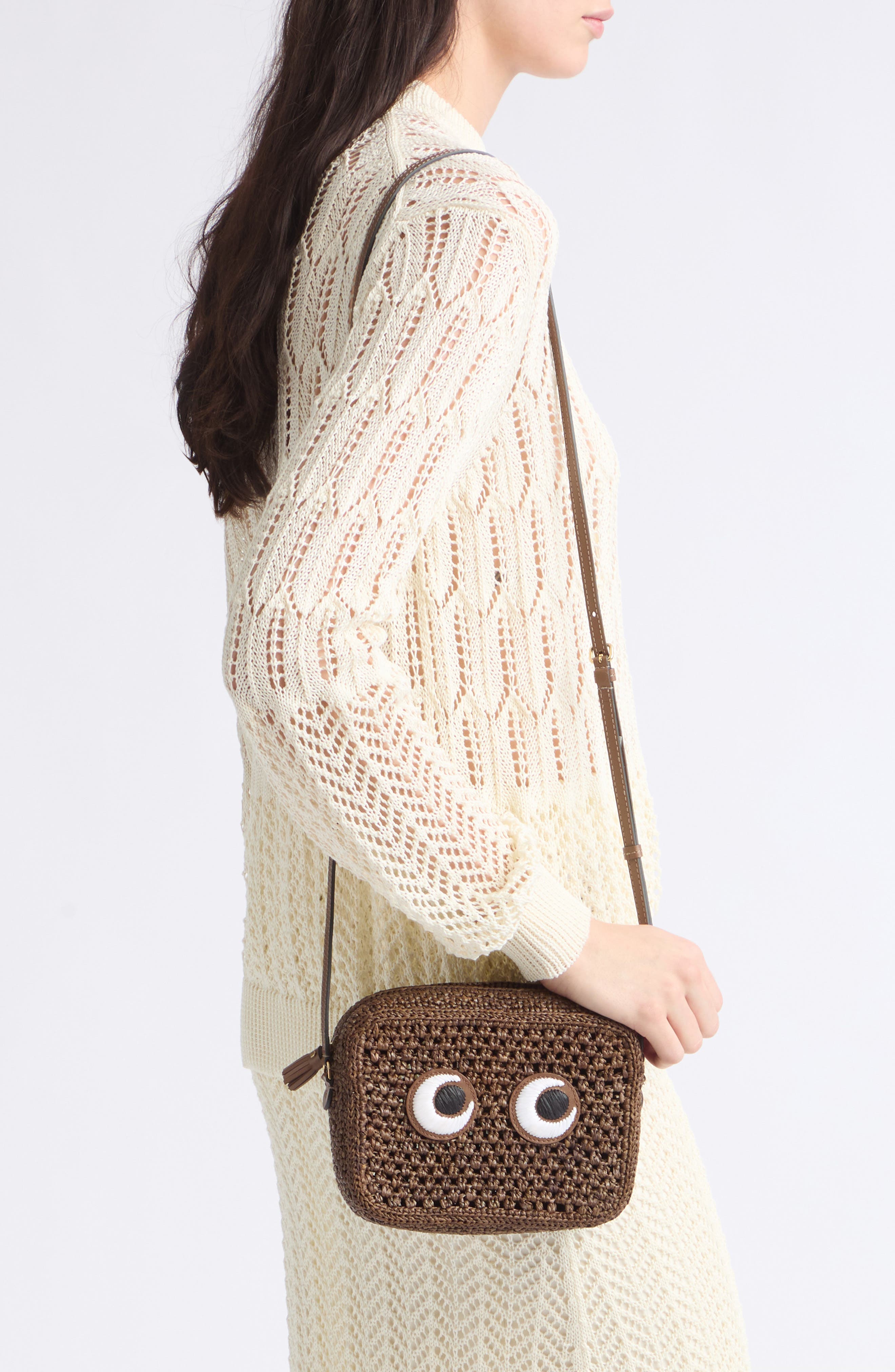 Eyes Raffia Crossbody Bag, Alternate, color, OTTER BROWN