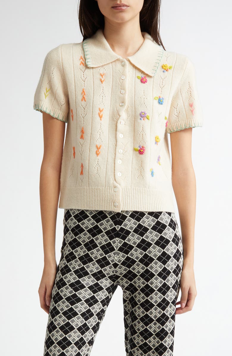 YanYan Daisy Embroidered Lambswool Cardigan, Main, color, 