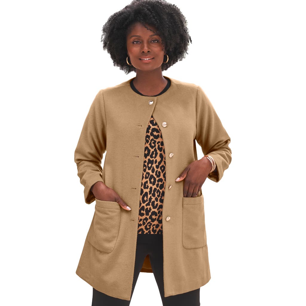 Jessica London Collarless Button Front Jacket In Brown
