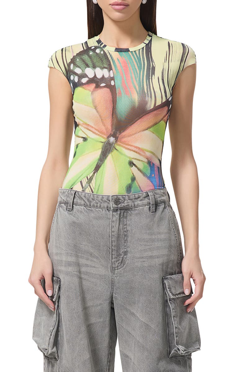 AFRM Nina Print Cap Sleeve Mesh Top, Main, color, Butterfly Tee