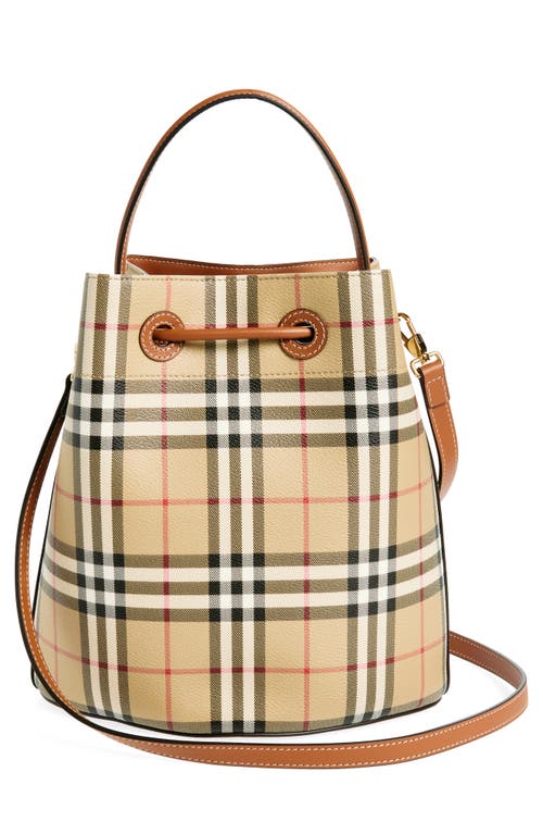 Burberry Small Check Drawstring Bucket Bag In Vntg Chk/briar Brown